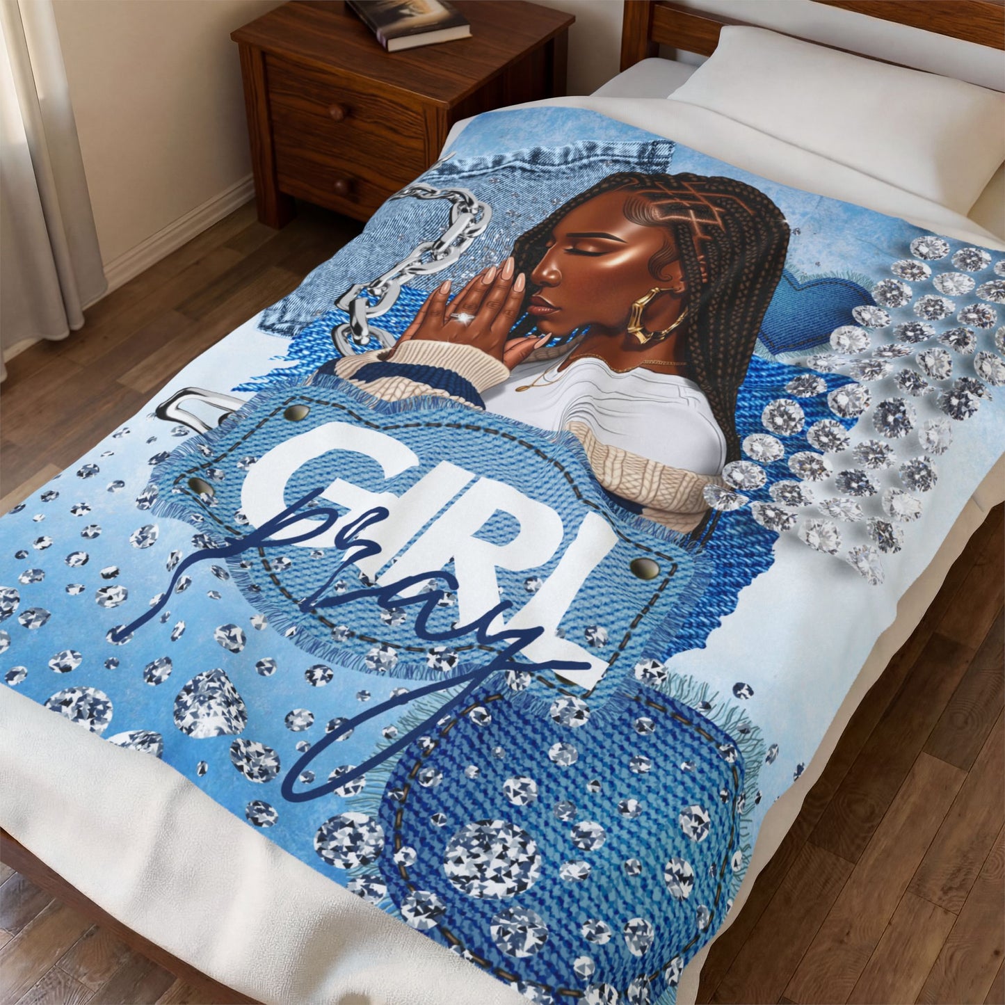 Braid Girl Pray Velveteen Plush Blanket — Inspirational Denim-Style Prayer Design