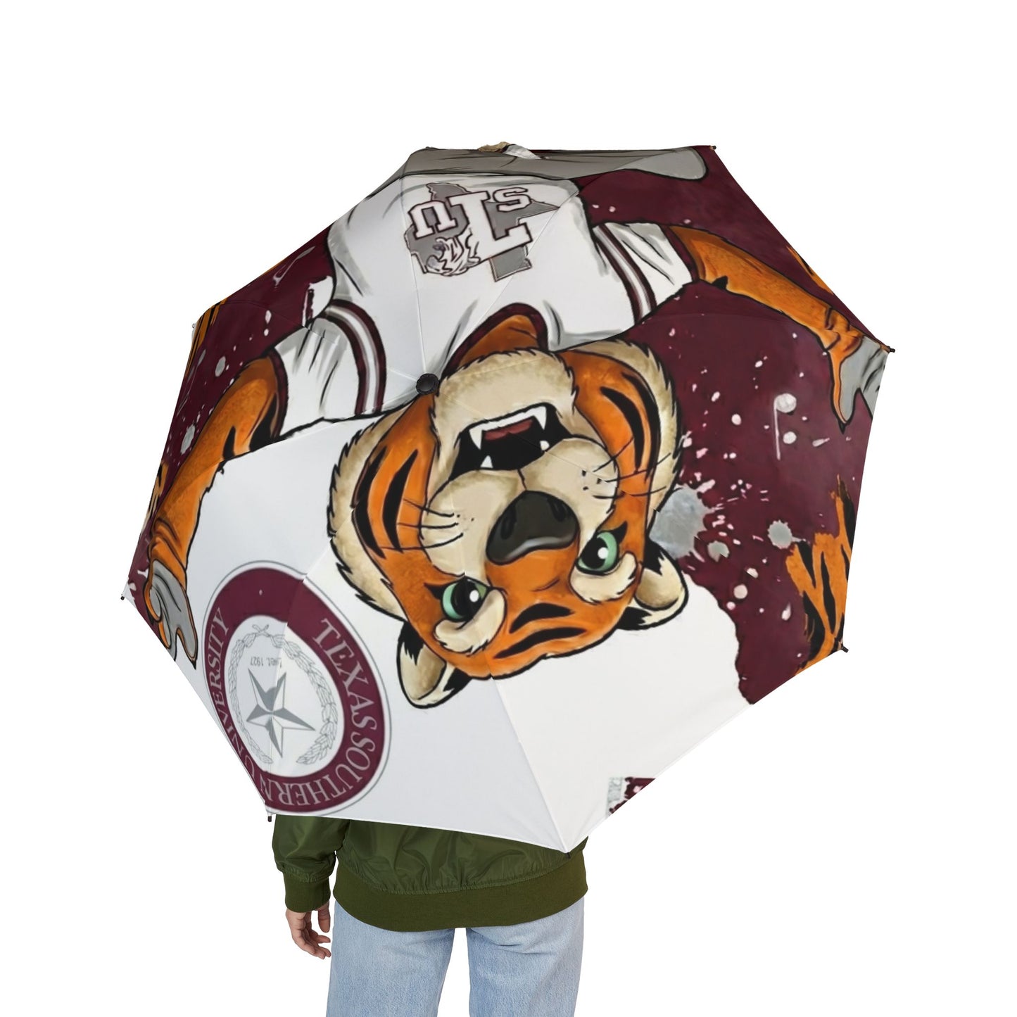 Tiger Mascot Foldable Umbrella — College Team Logo Rain Umbrella