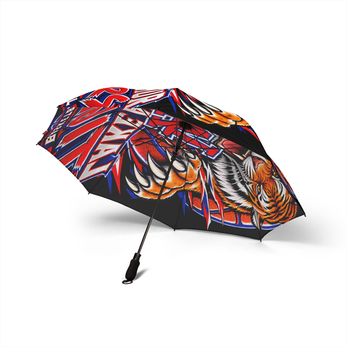 Tiger Graphic Foldable Umbrella — Bold Red & Blue Sports Design, Semi-Automatic Compact Umbrella