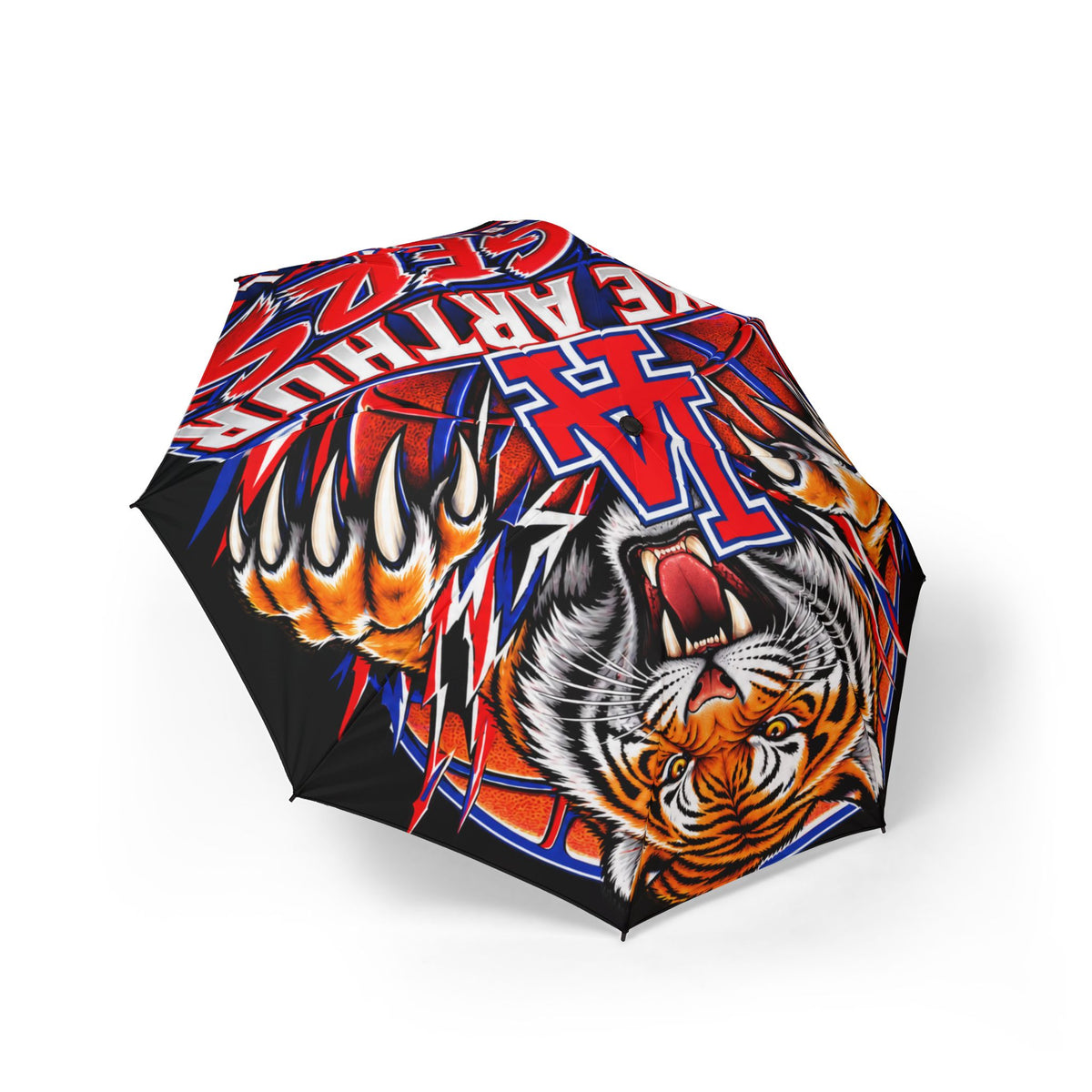 Tiger Graphic Foldable Umbrella — Bold Red & Blue Sports Design, Semi-Automatic Compact Umbrella