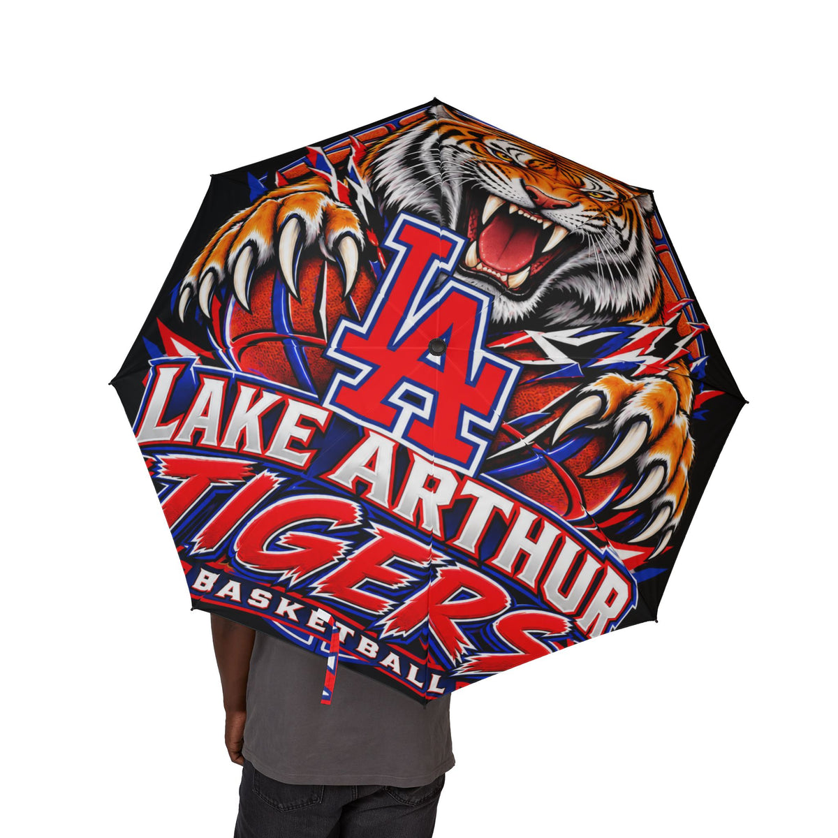 Tiger Graphic Foldable Umbrella — Bold Red & Blue Sports Design, Semi-Automatic Compact Umbrella