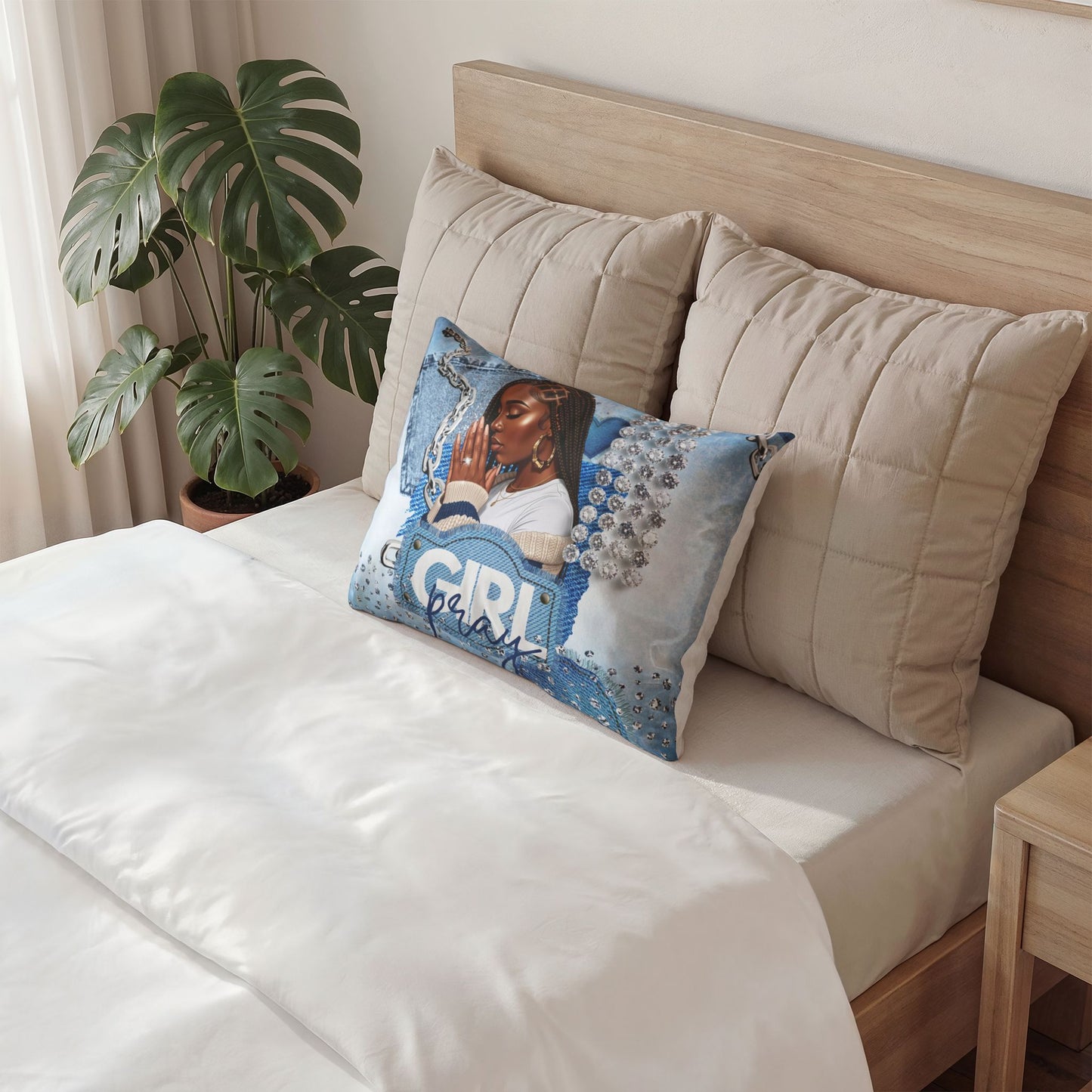 Braid Girl Pray Blue Decorative Pillow Sham — Fashionable Cotton Accent Pillow Cover
