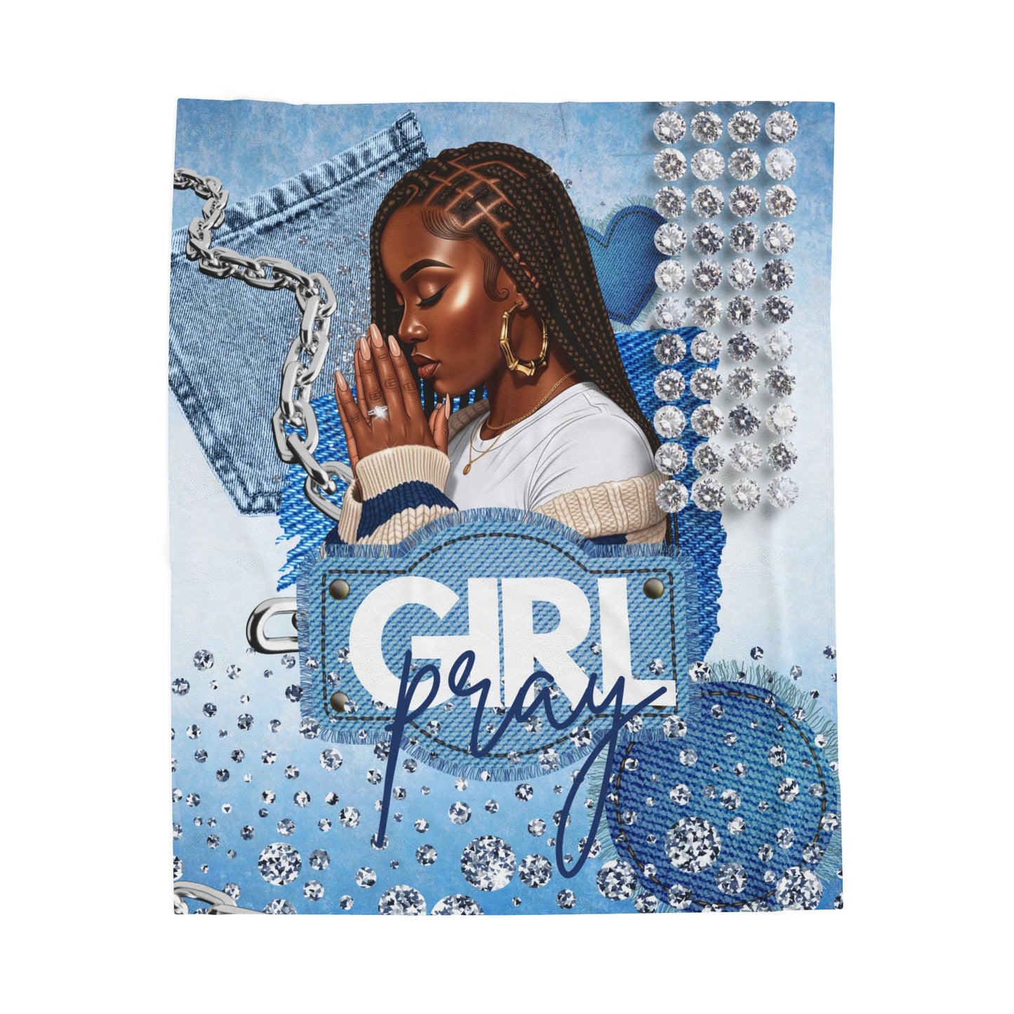 Braid Girl Pray Velveteen Plush Blanket — Inspirational Denim-Style Prayer Design