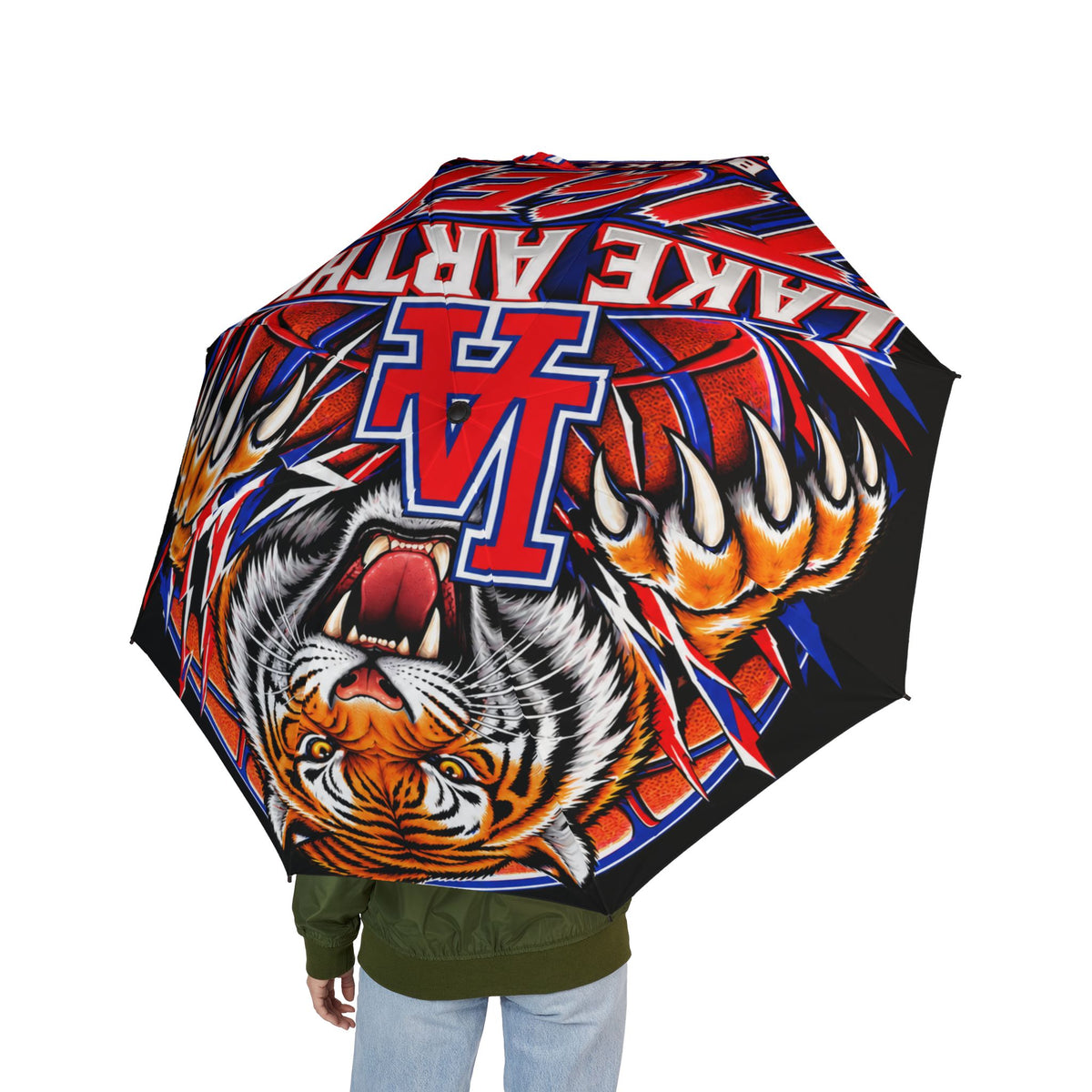 Tiger Graphic Foldable Umbrella — Bold Red & Blue Sports Design, Semi-Automatic Compact Umbrella